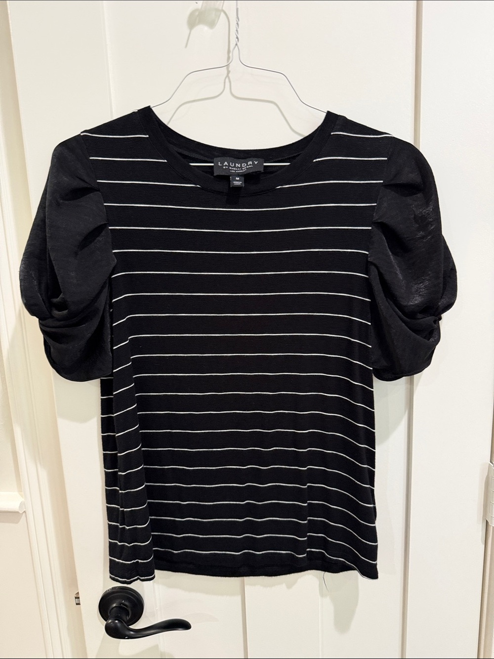 Laundry By Shelli Segal Black and White Striped Puff-Sleeve Tee